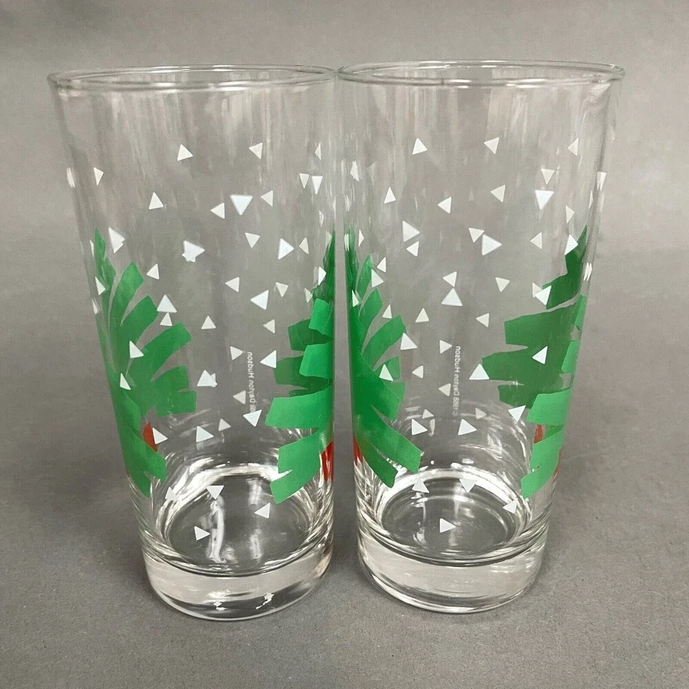 Dayton Hudson 1988 Highball Glasses Christmas Tree Clear Green Red Lot‎ of 2